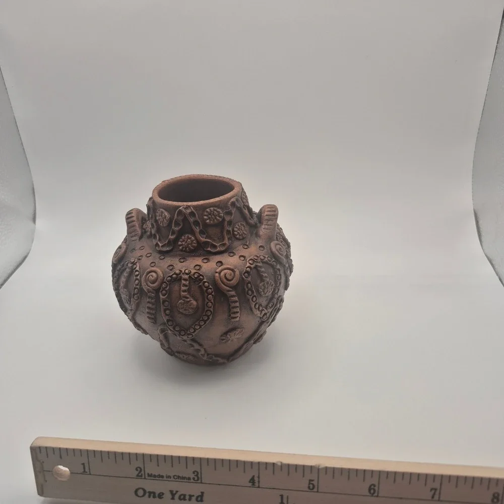 Handmade in Greece Terracotta Pottery Vase Ornate Brown Rustic Decor 4.5in